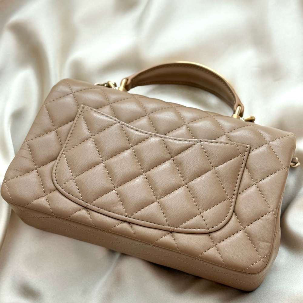 Authentic Chanel Mini Flap with Top Handle – Beige Lambskin & Gold Hardware NIB - Picture 9 of 12